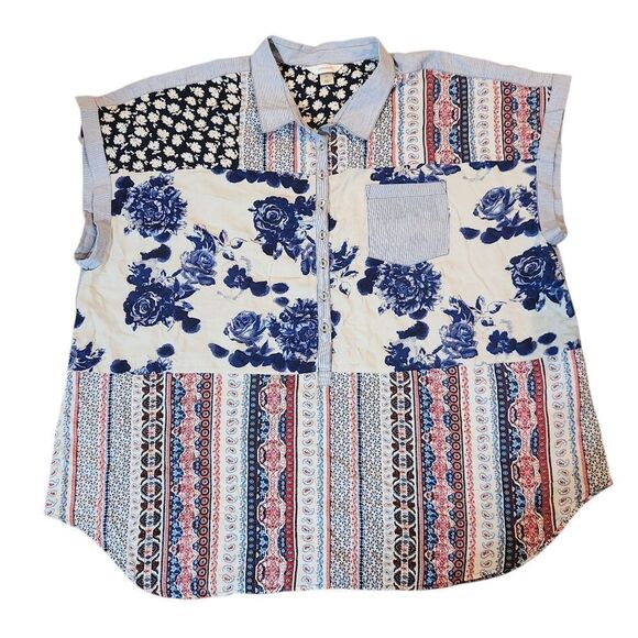 CJ Banks Summer Top Plus Size 3X Blue Floral Patchwork Short Sleeve Shirt - Picture 1 of 8